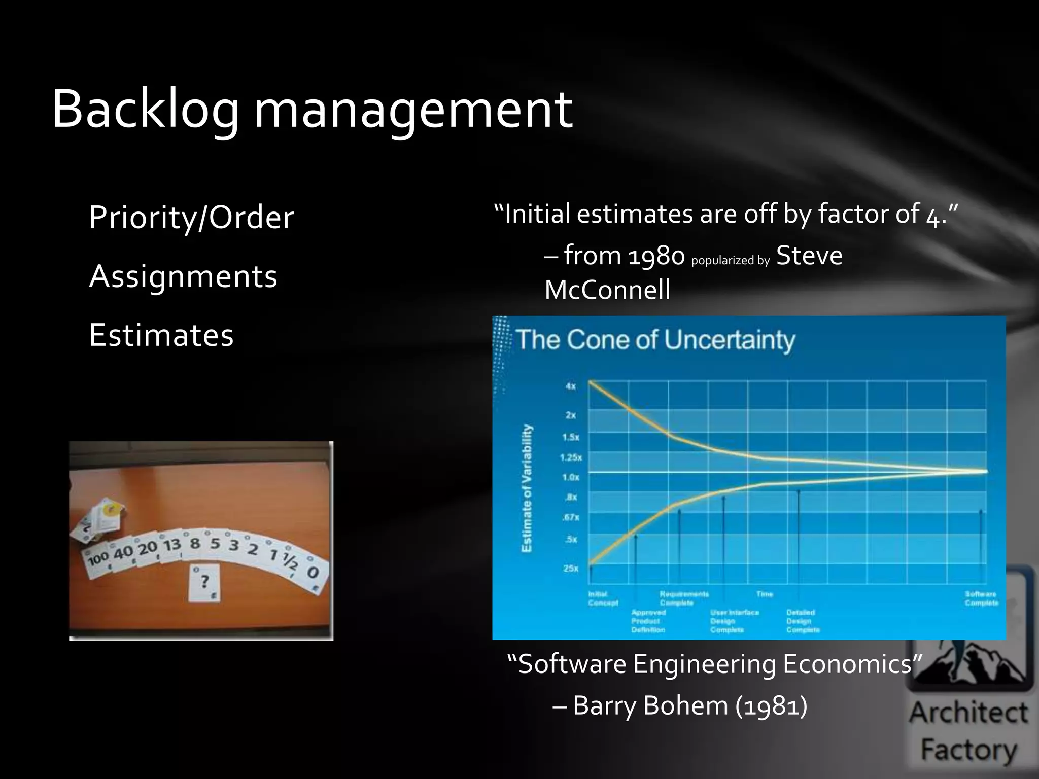 Backlog management
 Priority/Order   “Initial estimates are off by factor of 4.”
                       – from 1980 popularized by Steve
 Assignments           McConnell
 Estimates




                   “Software Engineering Economics”
                      – Barry Bohem (1981)
 