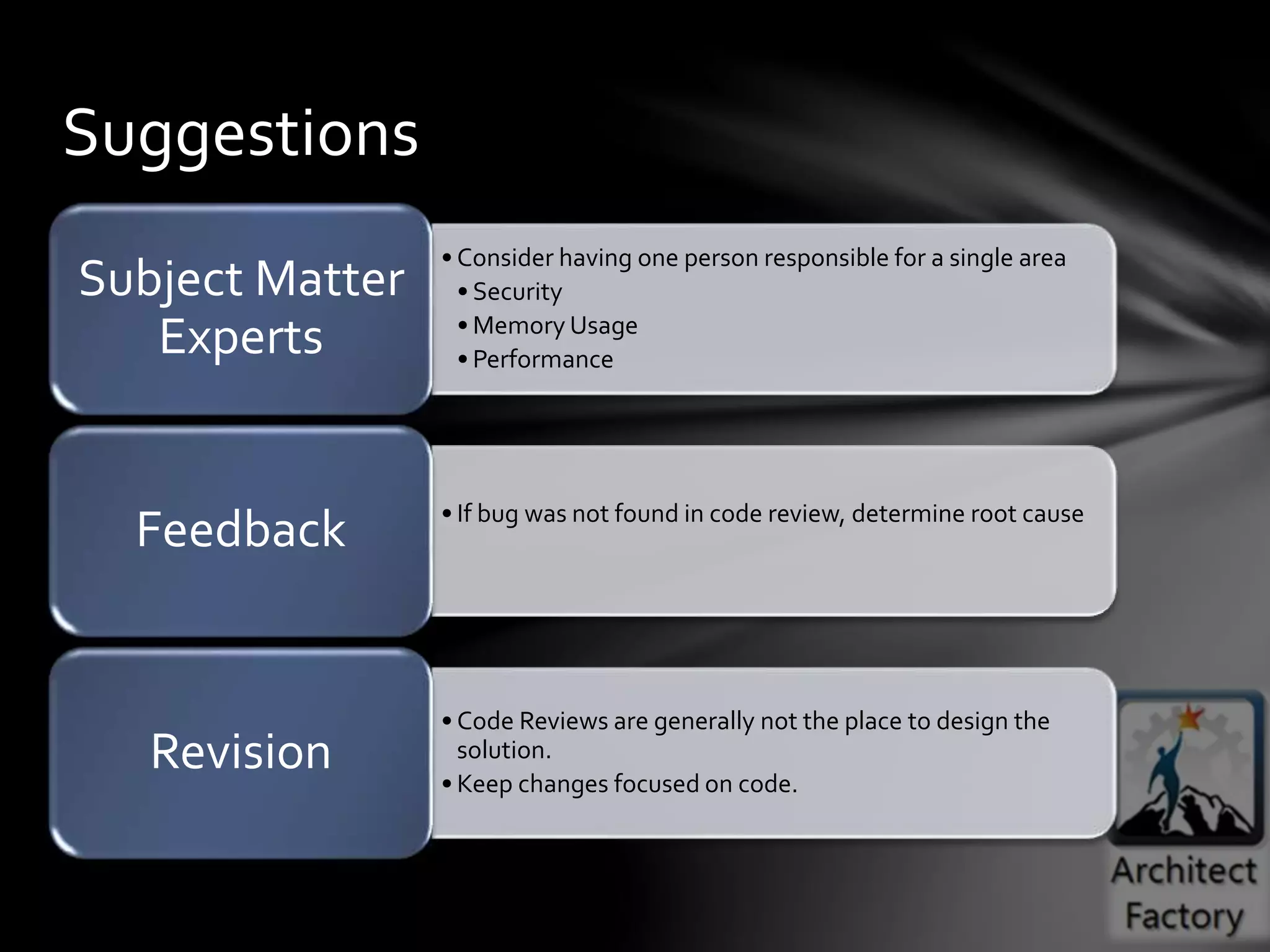 • Consider having one person responsible for a single area
• Security
• Memory Usage
• Performance
Subject Matter
Experts
• If bug was not found in code review, determine root cause
Feedback
• Code Reviews are generally not the place to design the
solution.
• Keep changes focused on code.
Revision
Suggestions
 