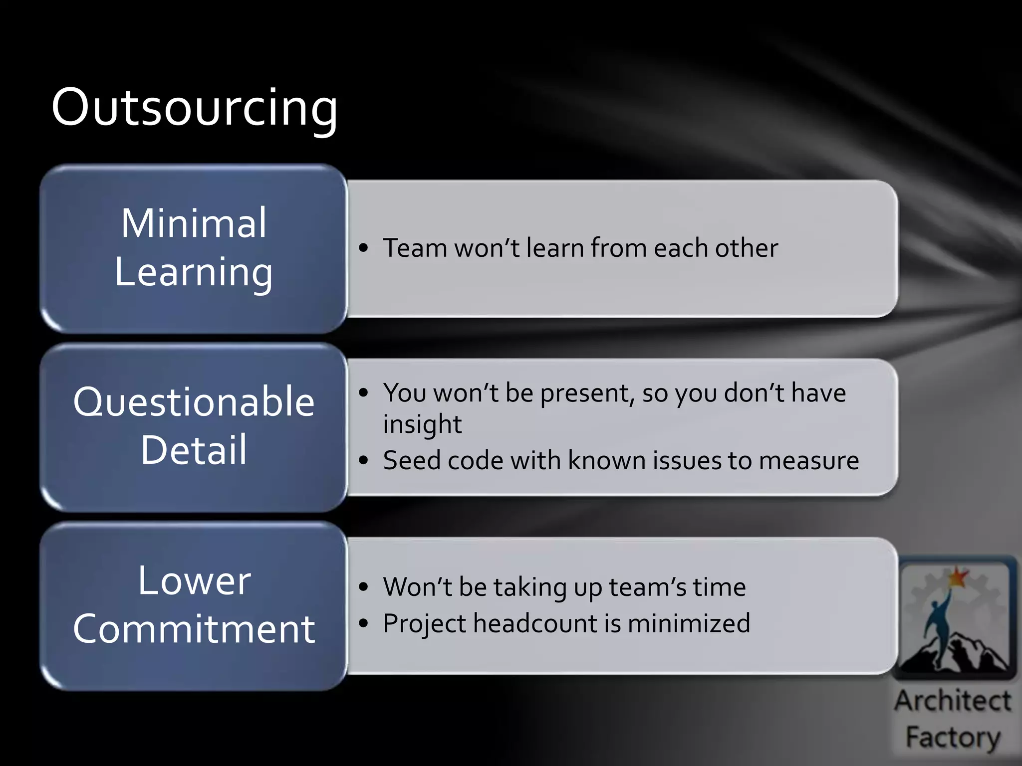 • Team won’t learn from each other
Minimal
Learning
• You won’t be present, so you don’t have
insight
• Seed code with known issues to measure
Questionable
Detail
• Won’t be taking up team’s time
• Project headcount is minimized
Lower
Commitment
Outsourcing
 