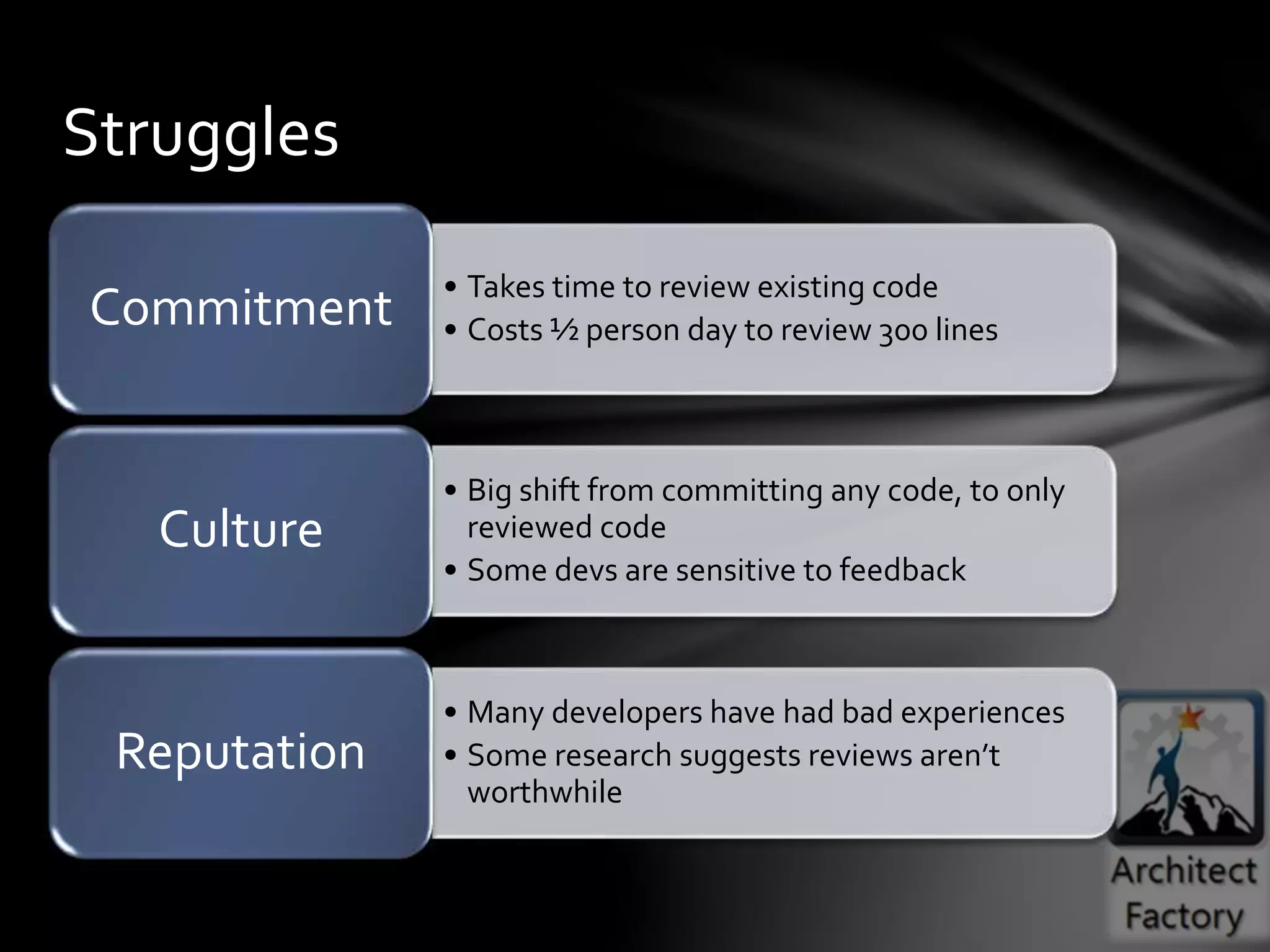 • Takes time to review existing code
• Costs ½ person day to review 300 linesCommitment
• Big shift from committing any code, to only
reviewed code
• Some devs are sensitive to feedback
Culture
• Many developers have had bad experiences
• Some research suggests reviews aren’t
worthwhile
Reputation
Struggles
 