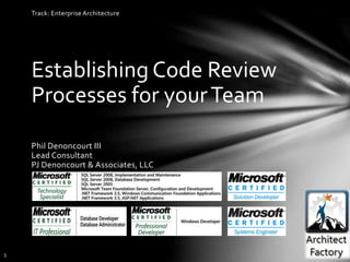 1
Establishing Code Review
Processes for yourTeam
Phil Denoncourt III
Lead Consultant
PJ Denoncourt & Associates, LLC
Track: Enterprise Architecture
 