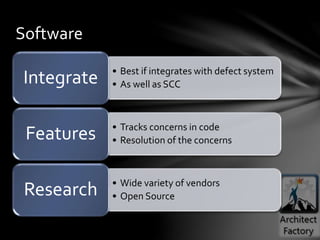 • Best if integrates with defect system
• As well as SCCIntegrate
• Tracks concerns in code
• Resolution of the concernsFeatures
• Wide variety of vendors
• Open SourceResearch
Software
 