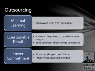 • Team won’t learn from each other
Minimal
Learning
• You won’t be present, so you don’t have
insight
• Seed code with known issues to measure
Questionable
Detail
• Won’t be taking up team’s time
• Project headcount is minimized
Lower
Commitment
Outsourcing
 