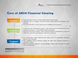 Advanced Roaming &Clearing House
Core of ARCH Financial Clearing
 Payments with no errors, 5 times audit of AA14 and invoices.
 Collection with no missing, our finance-team handle abnormal collection until
resolved .
 We ensure 99.997% on the correct rate of settlement and payment.
 Customers have independent account , with direct access to all banking services.
 Closed-loop process，automatically making payments.
 More than 30 kinds of reports help customers keep the transparency of account.
 ARCH has achieved 0 accidents on customers’ accounts.
 Our finance-team keep watching 80% large sums of outstanding payments
which is over 3 months.
 With intelligent cash-in booking module we clear each received payment in
average 3.4 days.
 High-rate payment collection, the percentage of debt over 3 months is around
1% for normal case.
Accuracy
Reliability
Timeliness
Make Roaming Simple
 