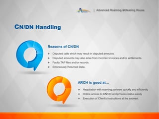 Advanced Roaming &Clearing House
ARCH is good at…
 Negotiation with roaming partners quickly and efficiently
 Online access to CN/DN and process status easily
 Execution of Client’s instructions at the soonest
CN/DN Handling
Reasons of CN/DN
 Disputed calls which may result in disputed amounts .
 Disputed amounts may also arise from incorrect invoices and/or settlements.
 Faulty TAP files and/or records.
 Erroneously Returned Data.
 
