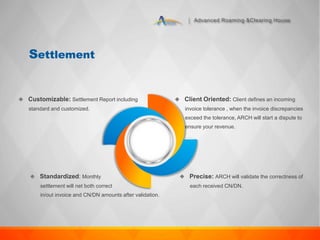 Advanced Roaming &Clearing House
Settlement
 Client Oriented: Client defines an incoming
invoice tolerance , when the invoice discrepancies
exceed the tolerance, ARCH will start a dispute to
ensure your revenue.
 Standardized: Monthly
settlement will net both correct
in/out invoice and CN/DN amounts after validation.
 Precise: ARCH will validate the correctness of
each received CN/DN.
 Customizable: Settlement Report including
standard and customized.
 