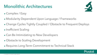 Monolithic Architectures 
• Complex / Easy 
• Modularity Dependent Upon Language / Frameworks 
• Change Cycles Tightly Coupled / Obstacle to Frequent Deploys 
• Inefficient Scaling 
• Can Be Intimidating to New Developers 
• Obstacle to Scaling Development 
• Requires Long-Term Commitment to Technical Stack 
© Copyright 2014 Pivotal. All rights reserved. 18 
 