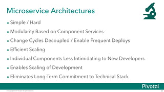 Microservice Architectures 
• Simple / Hard 
• Modularity Based on Component Services 
• Change Cycles Decoupled / Enable Frequent Deploys 
• Efficient Scaling 
• Individual Components Less Intimidating to New Developers 
• Enables Scaling of Development 
• Eliminates Long-Term Commitment to Technical Stack 
© Copyright 2014 Pivotal. All rights reserved. 20 
 