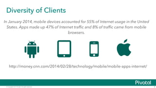 Diversity of Clients 
In January 2014, mobile devices accounted for 55% of Internet usage in the United 
States. Apps made up 47% of Internet traffic and 8% of traffic came from mobile 
© Copyright 2014 Pivotal. All rights reserved. 
8 
browsers. 
http://money.cnn.com/2014/02/28/technology/mobile/mobile-apps-internet/ 
 