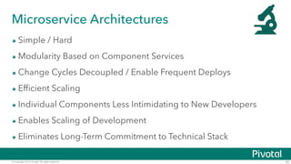 Microservice Architectures 
• Simple / Hard 
• Modularity Based on Component Services 
• Change Cycles Decoupled / Enable ...