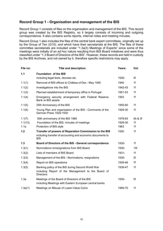 10
Record Group 1 - Organisation and management of the BIS
Record Group 1 consists of files on the organisation and management of the BIS. This record
group was created by the BIS Registry, so it largely consists of incoming and outgoing
correspondence. It also contains some reports, internal notes and meeting minutes.
Record Group 1 also includes the files of the central bank expert committees, originally set up
by the Group of Ten (G10), and which have their secretariats at the BIS. The files of these
committee secretariats are included under “1.3a(3) Meetings of Experts” since some of the
meetings were initially of an ad hoc nature resulting from BIS Board initiatives and were thus
classified under “1.3 Board of Directors of the BIS”. However, these records are held in custody
by the BIS Archives, and not owned by it, therefore specific restrictions may apply.
File no: Title and description: Years: Vol:
1.1 Foundation of the BIS
including legal texts, decrees etc 1930- 4f
1.1(1) Removal of BIS offices to Château-d’Oex - May 1940 1940 1f
1.1(2) Investigations into the BIS 1942-43 1f
1.1(3) Planned establishment of temporary office in Portugal 1951-53 1f
1.1(4) Emergency security arrangement with Federal Reserve
Bank re BIS assets
1953 1f
1.1(5) 25th Anniversary of the BIS 1955-60 1f
1.1(6) Young Plan and organisation of the BIS - Comments of the
German Press 1929-1930
1929-30 1f
1.1(7)
1.1(13)
1.1a
50th anniversary of the BIS 1980
Foundation of the BIS, minutes of meetings
Protection of BIS style
1978-83
1929-30
1963
4b & 3f
1f
1f
1.2 Transfer of powers of Reparation Commission to the BIS
including transfer of accounting and economic documents to
BIS
1930 1f
1.3 Board of Directors of the BIS - General correspondence 1930- 1f
1.3(1) Nominations to/resignations from BIS Board 1930- 15f
1.3(2) Lists of members of BIS Board 1931- 1f
1.3(3) Management of the BIS - Nominations, resignations 1930- 2f
1.3(4) Report on BIS operations 1939-46 7f
1.3(5) Banking policy of the BIS during Second World War
including Report of the Management to the Board of
Directors
1939-47 1f
1.3a Meetings of the Board of Directors of the BIS
including Meetings with Eastern European central banks
1930- 5f
1.3a(1) Meetings on Misuse of Lower-Value Coins 1969-70 1f
 