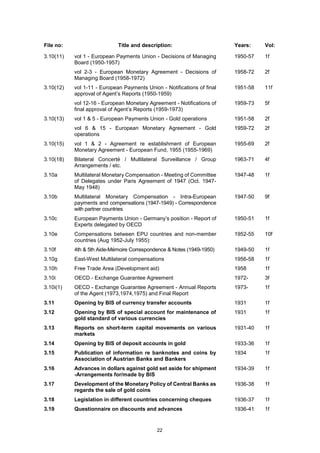 22
File no: Title and description: Years: Vol:
3.10(11) vol 1 - European Payments Union - Decisions of Managing
Board (1950-1957)
1950-57 1f
vol 2-3 - European Monetary Agreement - Decisions of
Managing Board (1958-1972)
1958-72 2f
3.10(12) vol 1-11 - European Payments Union - Notifications of final
approval of Agent’s Reports (1950-1959)
1951-58 11f
vol 12-16 - European Monetary Agreement - Notifications of
final approval of Agent’s Reports (1959-1973)
1959-73 5f
3.10(13) vol 1 & 5 - European Payments Union - Gold operations 1951-58 2f
vol 6 & 15 - European Monetary Agreement - Gold
operations
1959-72 2f
3.10(15) vol 1 & 2 - Agreement re establishment of European
Monetary Agreement - European Fund, 1955 (1955-1969)
1955-69 2f
3.10(18) Bilateral Concerté / Multilateral Surveillance / Group
Arrangements / etc.
1963-71 4f
3.10a Multilateral Monetary Compensation - Meeting of Committee
of Delegates under Paris Agreement of 1947 (Oct. 1947-
May 1948)
1947-48 1f
3.10b Multilateral Monetary Compensation - Intra-European
payments and compensations (1947-1949) - Correspondence
with partner countries
1947-50 9f
3.10c European Payments Union - Germany’s position - Report of
Experts delegated by OECD
1950-51 1f
3.10e Compensations between EPU countries and non-member
countries (Aug 1952-July 1955):
1952-55 10f
3.10f 4th & 5th Aide-Mémoire Correspondence & Notes (1949-1950) 1949-50 1f
3.10g East-West Multilateral compensations 1956-58 1f
3.10h Free Trade Area (Development aid) 1958 1f
3.10i OECD - Exchange Guarantee Agreement 1972- 3f
3.10i(1) OECD - Exchange Guarantee Agreement - Annual Reports
of the Agent (1973,1974,1975) and Final Report
1973- 1f
3.11 Opening by BIS of currency transfer accounts 1931 1f
3.12 Opening by BIS of special account for maintenance of
gold standard of various currencies
1931 1f
3.13 Reports on short-term capital movements on various
markets
1931-40 1f
3.14 Opening by BIS of deposit accounts in gold 1933-36 1f
3.15 Publication of information re banknotes and coins by
Association of Austrian Banks and Bankers
1934 1f
3.16 Advances in dollars against gold set aside for shipment
-Arrangements for/made by BIS
1934-39 1f
3.17 Development of the Monetary Policy of Central Banks as
regards the sale of gold coins
1936-38 1f
3.18 Legislation in different countries concerning cheques 1936-37 1f
3.19 Questionnaire on discounts and advances 1936-41 1f
 
