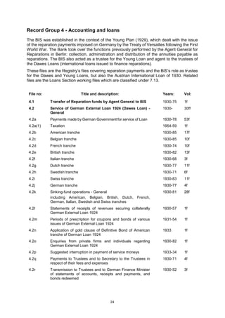 24
Record Group 4 - Accounting and loans
The BIS was established in the context of the Young Plan (1929), which dealt with the issue
of the reparation payments imposed on Germany by the Treaty of Versailles following the First
World War. The Bank took over the functions previously performed by the Agent General for
Reparations in Berlin: collection, administration and distribution of the annuities payable as
reparations. The BIS also acted as a trustee for the Young Loan and agent to the trustees of
the Dawes Loans (international loans issued to finance reparations).
These files are the Registry’s files covering reparation payments and the BIS’s role as trustee
for the Dawes and Young Loans, but also the Austrian International Loan of 1930. Related
files are the Loans Section working files which are classified under 7.13.
File no: Title and description: Years: Vol:
4.1 Transfer of Reparation funds by Agent General to BIS 1930-75 1f
4.2 Service of German External Loan 1924 (Dawes Loan) -
General
1930- 30ff
4.2a Payments made by German Government for service of Loan 1930-78 53f
4.2a(1) Taxation 1954-59 1f
4.2b American tranche 1930-85 17f
4.2c Belgian tranche 1930-85 10f
4.2d French tranche 1930-74 10f
4.2e British tranche 1930-82 13f
4.2f Italian tranche 1930-68 3f
4.2g Dutch tranche 1930-77 11f
4.2h Swedish tranche 1930-71 6f
4.2i Swiss tranche 1930-83 11f
4.2j German tranche 1930-77 4f
4.2k Sinking-fund operations - General
including American, Belgian, British, Dutch, French,
German, Italian, Swedish and Swiss tranches
1930-81 28f
4.2l Statements of receipts of revenues securing collaterally
German External Loan 1924
1930-57 1f
4.2m Periods of prescription for coupons and bonds of various
issues of German External Loan 1924
1931-54 1f
4.2n Application of gold clause of Definitive Bond of American
tranche of German Loan 1924
1933 1f
4.2o Enquiries from private firms and individuals regarding
German External Loan 1924
1930-82 1f
4.2p Suggested interruption in payment of service moneys 1933-34 1f
4.2q Payments to Trustees and to Secretary to the Trustees in
respect of their fees and expenses
1930-71 4f
4.2r Transmission to Trustees and to German Finance Minister
of statements of accounts, receipts and payments, and
bonds redeemed
1930-52 3f
 