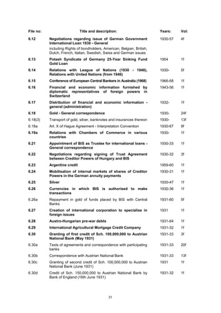 31
File no: Title and description: Years: Vol:
6.12 Negotiations regarding issue of German Government
International Loan 1930 - General
including Rights of bondholders, American, Belgian, British,
Dutch, French, Italian, Swedish, Swiss and German issues
1930-57 4f
6.13 Potash Syndicate of Germany 25-Year Sinking Fund
Gold Loan
1954 1f
6.14 Relations with League of Nations (1930 - 1946),
Relations with United Nations (from 1946)
1930- 5f
6.15 Conference of European Central Bankers in Australia (1968) 1966-68 1f
6.16 Financial and economic information furnished by
diplomatic representatives of foreign powers in
Switzerland
1943-56 1f
6.17 Distribution of financial and economic information -
general (administration)
1932- 1f
6.18 Gold - General correspondence 1930- 24f
6.18(3) Transport of gold, silver, banknotes and insurances thereon 1930- 13f
6.18a Art. X of Hague Agreement - Interpretation Convention 1930-67 9f
6.19a Relations with Chambers of Commerce in various
countries
1930- 1f
6.21 Appointment of BIS as Trustee for international loans -
General correspondence
1930-33 1f
6.22 Negotiations regarding signing of Trust Agreement
between Creditor Powers of Hungary and BIS
1930-32 3f
6.23 Argentine credit 1959-60 1f
6.24 Mobilisation of internal markets of shares of Creditor
Powers in the German annuity payments
1930-31 1f
6.25 Silver 1930-47 1f
6.26 Currencies in which BIS is authorised to make
transactions
1930-36 1f
6.26a Repayment in gold of funds placed by BIS with Central
Banks
1931-60 5f
6.27 Creation of international corporation to specialise in
foreign issues
1931 1f
6.28 Austro-Hungarian pre-war debts 1931-64 1f
6.29 International Agricultural Mortgage Credit Company 1931-32 1f
6.30 Granting of first credit of Sch. 100,000,000 to Austrian
National Bank (May 1931)
1931-33 3f
6.30a Texts of agreements and correspondence with participating
banks
1931-33 20f
6.30b Correspondence with Austrian National Bank 1931-33 13f
6.30c Granting of second credit of Sch. 100,000,000 to Austrian
National Bank (June 1931)
1931 1f
6.30d Credit of Sch. 150,000,000 to Austrian National Bank by
Bank of England (16th June 1931)
1931-32 1f
 