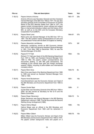 38
File no: Title and description: Years: Vol:
7.18(13) Papers Antonio d’Aroma
Antonio d’Aroma was Secretary General and then Assistant
General Manager of the BIS from 1962 to 1977. He was also
secretary general of the Committee of Governors of Central
Banks of the EEC Member States from 1964 to 1977. His
papers contain correspondence, press cuttings and subject
files on internal administrative matters and the history of the
BIS, as well as on the EEC and the European Monetary
Cooperation Fund (EMCF).
1961-77 20b
7.18(14) Papers René Larre
René Larre was General Manager of the BIS from 1971 to
1981. This file contains mainly correspondence of Larre and
his predecessor Ferras with the Bank of England on sterling.
1964-81 57b
7.18(15) Papers Alexandre Lamfalussy
Alexandre Lamfalussy served as BIS Economic Adviser
from 1976 to 1985 and became Assistant General Manager
in 1981. From May 1985 to December 1993, he was the
General Manager of the BIS.
1975- 36f
7.18(16) Papers R T P Hall
Richard T P Hall was Head of the BIS Banking Department
from 1974 to 1985, and Assistant General Manager from
1985 to 1992. His papers contain correspondence and
documents dealing, ia with BIS gold transactions, the
meetings of the central bank gold and foreign exchange
experts (1960s), recycling of petro-dollars and international
monetary reform.
1962- 12b
7.18(17) Papers Rémi Gros
Rémi Gros was Head of the Banking Department from 1985
to 1995 and served as Assistant General Manager from
1992 to 1995.
1950-79 6b
7.18(18) Papers Horst Bockelmann
Horst Bockelmann was the Economic Adviser and Head of
the BIS Monetary and Economic Department from 1985 to
1995.
1981- 16b
7.18(19) Papers Gunter Baer
Gunter Baer was Secretary General of the BIS from 1994 to
2004. He also served as Secretary for the G-10 and the
Delors Committee.
1986- 1f
7.18(20) Papers Roger Stevenson
Roger Stevenson was Deputy Manager in the BIS Banking
Department, retiring in 1986. This file documents the Second
Sterling Group Arrangement (1968).
1968-72 1b
7.18(21) Papers Helmut Mayer
Helmut Mayer was an official in the BIS Monetary and
Economic Department from 1963 until his retirement in
1992.
1966- 14b
7.18(23) Papers Milton Gilbert
Milton Gilbert was the Economic Adviser and Head of the
BIS Monetary and Economic Department from 1960 to 1975.
His papers contain background notes and papers on a
1960-76 10b
 