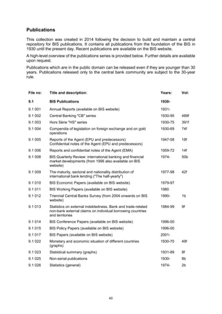 40
Publications
This collection was created in 2014 following the decision to build and maintain a central
repository for BIS publications. It contains all publications from the foundation of the BIS in
1930 until the present day. Recent publications are available on the BIS website.
A high-level overview of the publications series is provided below. Further details are available
upon request.
Publications which are in the public domain can be released even if they are younger than 30
years. Publications released only to the central bank community are subject to the 30-year
rule.
File no: Title and description: Years: Vol:
9.1 BIS Publications 1930-
9.1 001 Annual Reports (available on BIS website) 1931-
9.1 002 Central Banking "CB" series 1930-95 489f
9.1 003 Hors Série "HS" series 1930-75 391f
9.1 004 Compendia of legislation on foreign exchange and on gold
operations
1930-69 74f
9.1 005 Reports of the Agent (EPU and predecessors)
Confidential notes of the Agent (EPU and predecessors)
1947-58 18f
9.1 006 Reports and confidential notes of the Agent (EMA) 1959-72 14f
9.1 008 BIS Quarterly Review: international banking and financial
market developments (from 1996 also available on BIS
website)
1974- 50b
9.1 009 The maturity, sectoral and nationality distribution of
international bank lending ("The half-yearly")
1977-98 42f
9.1 010 BIS Economic Papers (available on BIS website) 1979-97
9.1 011 BIS Working Papers (available on BIS website) 1980
9.1 012 Triennial Central Banks Survey (from 2004 onwards on BIS
website)
1990- 1b
9.1 013 Statistics on external indebtedness. Bank and trade-related
non-bank external claims on individual borrowing countries
and territories
1984-99 9f
9.1 014 BIS Conference Papers (available on BIS website) 1996-00
9.1 015 BIS Policy Papers (available on BIS website) 1996-00
9.1 017 BIS Papers (available on BIS website) 2001-
9.1 022 Monetary and economic situation of different countries
(graphs)
1930-70 49f
9.1 023 Statistical summary (graphs) 1931-89 8f
9.1 025 Non-serial publications 1930- 8b
9.1 026 Statistics (general) 1974- 2b
 