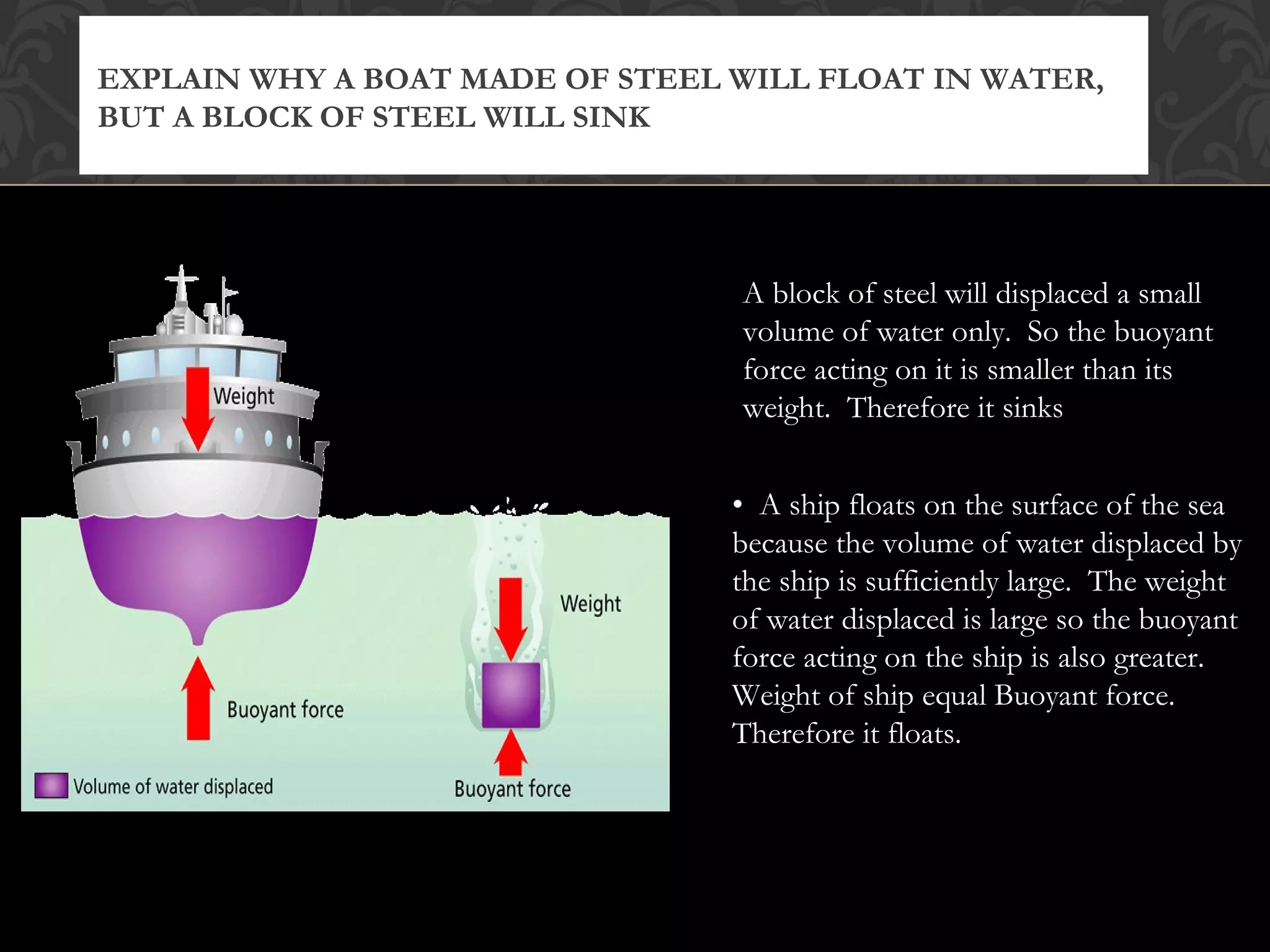 EXPLAIN WHY A BOAT MADE OF STEEL WILL FLOAT IN WATER,
BUT A BLOCK OF STEEL WILL SINK
A block of steel will displaced a small
volume of water only. So the buoyant
force acting on it is smaller than its
weight. Therefore it sinks
• A ship floats on the surface of the sea
because the volume of water displaced by
the ship is sufficiently large. The weight
of water displaced is large so the buoyant
force acting on the ship is also greater.
Weight of ship equal Buoyant force.
Therefore it floats.
 