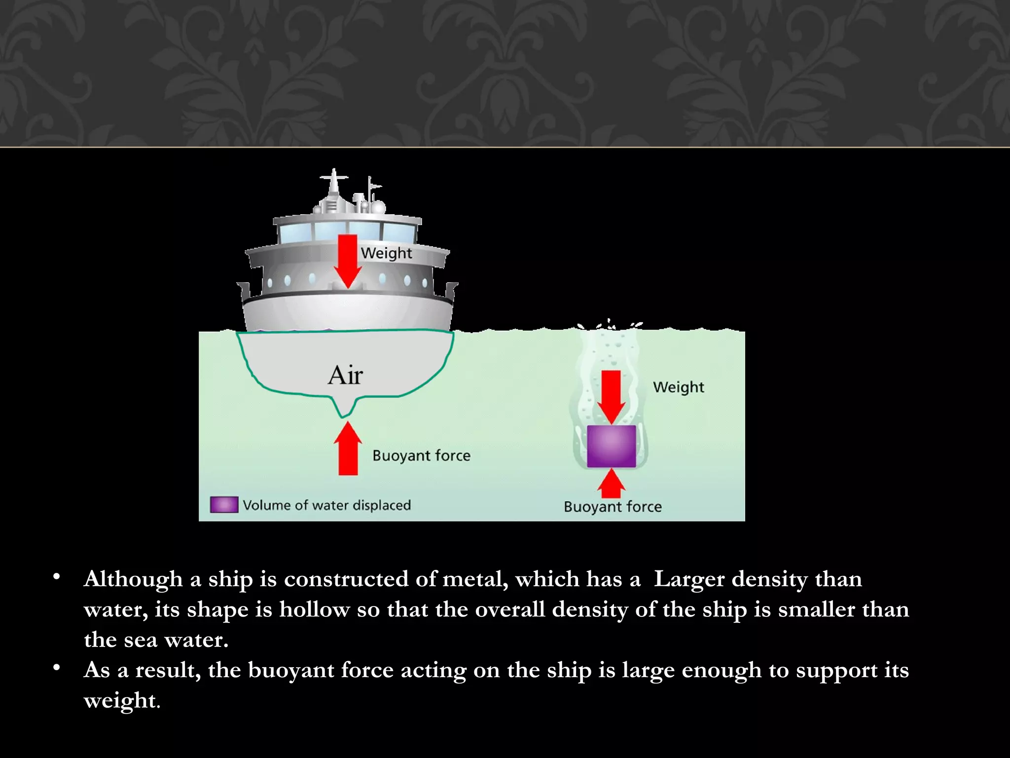 • Although a ship is constructed of metal, which has a Larger density than
water, its shape is hollow so that the overall density of the ship is smaller than
the sea water.
• As a result, the buoyant force acting on the ship is large enough to support its
weight.
 