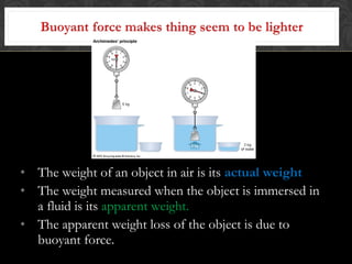 • The weight of an object in air is its actual weight
• The weight measured when the object is immersed in
a fluid is its apparent weight.
• The apparent weight loss of the object is due to
buoyant force.