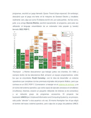 programas, escribió un juego llamado Space Travel (Viaje espacial). Sin embargo,
descubrió que el juego era lento en la máquina de General Electric y resultaba
realmente caro, algo así como 75 dólares de EE.UU. por cada partida. Así fue como,
junto a su amigo Dennis Ritchie, escribió nuevamente el programa, pero esta vez
utilizando el lenguaje ensamblador de un ordenador más popular (y barato)
llamado DEC PDP-7.
Thompson y Ritchie descubrieron que trabajar juntos era divertido. En 1969, y
siempre dentro de los laboratorios Bell, armaron un equipo programadores -entre
los que se encontraba Rudd Canaday– con la idea de desarrollar un sistema
operativos que cumpliese con las premisas originales del proyecto Multics, pero que
corriese en un DEC PDP-7. Comenzaron a trabajar en el sistema de archivos y en
el núcleo del sistema operativo, que sería capaz de ejecutar procesos en simultáneo
(multitarea). Además, crearon un pequeño intérprete de órdenes (o de comandos)
y un reducido grupo de programas accesorios. El proyecto fue
bautizado UNICS (por UniplexedInformation and ComputingSystem)y, en principio,
solo podía “atender” a dos usuarios a la vez. El mismo Kernighan fue el que eligió
el nombre del nuevo sistema operativo, pero culpa de un juego de palabras UNICS
 