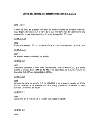 Línea del tiempo del sistema operativo MS-DOS
1981 – 1997
A partir de aquí, se suceden una serie de modificaciones del sistema operativo,
hasta llegar a la versión 7.1, a partir de la cual MS-DOS deja de existir como tal y
se convierte en una parte integrada del sistema operativo Windows.
MS-DOS 1.25
1982
Aparece la versión 1.25, con la que se añade soporte para disquetes de doble cara.
MS-DOS 2.11
1983
Se añaden nuevos caracteres de teclado.
MS-DOS 2.0
1983
El sistema comienza a tener más funcionalidad, con su versión 2.0, que añade
soporte a discos duros IBM de 10 MB, y la posibilidad de lectura-escritura de
disquetes de 5.25" con capacidad de 360Kb.
MS-DOS 3.0
1984
Microsoft lanzaría su versión 3.0 de MS-DOS, y es entonces cuando se añade
soporte para discos de alta densidad de 1,2MB y posibilidad de instalar un disco
duro con un máximo de 32MB.
MS-DOS 3.1
1984
se añadiría en la versión 3.1 el soporte para redes Microsoft.
MS-DOS 3.3
1987
 