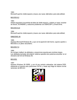 1993
Microsoft suprime doble espacio y busca una nueva alternativa para esta utilidad.
MS-DOS 6.2
1993
Añade seguridad a la perdida de datos de doble espacio, y añade un nuevo escáner
de discos, SCANDISK, y soluciona problemas con DISKCOPY y Smart Drive.
MS-DOS 6.22
1994
Microsoft suprime doble espacio y busca una nueva alternativa para esta utilidad.
WINDOWS 95
1995
Aparece Microsoft Windows 95, y que con la aparición del mismo, supone apartar a
MS-DOS a un plano secundario.
MS-DOS 7.0
1995
Se corrigen multitud de utilidades y proporciona soporte para nombres largos.
Las utilidades borradas del anterior sistema operativo las podemos encontrar en el
directorio del CD de Windows 95.
MS-DOS.
1997
Aparece Windows 95 OSR2, y con él una revisión exhaustiva del sistema DOS,
añadiendo el soporte para particiones FAT32, y hasta aquí llega la historia de las
versiones de MS-DOS.
 