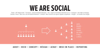 we are social
 Twitter : #FF @AgenceAA | Facebook : Je like Archibald & Abraham | 4sq : L’agence Archibald et Abraham est ici | Instagram : Voici A&A en #vintage
Youtube / Vimeo : Nous voici chez Archibald & Abraham | LinkedIn : Nous sommes une agence digitale compétente | Google+ : Je travaille chez Google.




                                                                                                                          ad s
                                                                                                                          ba n s
                                                                                                                          vids
                                                                                                                          fans
                                                                                                                          blogs
                                                                                                                          pins
                                                                                                                          likes




    audit – reco – concept – réseau — achat – mise en place – reporting
 