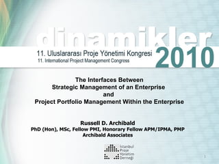 Russell D. Archibald PhD (Hon), MSc, Fellow PMI, Honorary Fellow APM/IPMA, PMP Archibald Associates The Interfaces Between Strategic Management of an Enterprise  and  Project Portfolio Management Within the Enterprise 