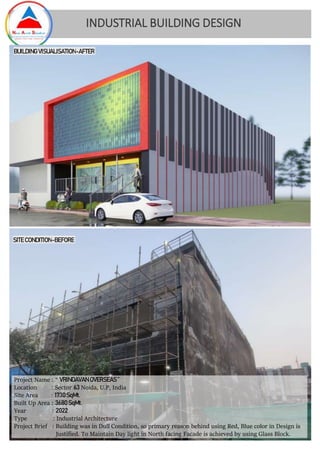 Project Name : “ VRINDAVAN OVERSEAS ”
Location : Sector 63 Noida, U.P, India
Site Area : 1730SqMt.
Built Up Area : 3680 SqMt.
Year : 2022
Type : Industrial Architecture
Project Brief : Building was in Dull Condition, so primary reason behind using Red, Blue color in Design is
Justified. To Maintain Day light in North facing Facade is achieved by using Glass Block.
SITE CONDITION-BEFORE
BUILDING VISUALISATION-AFTER
INDUSTRIAL BUILDING DESIGN
 