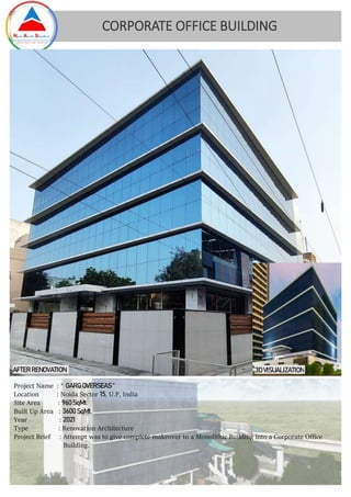 CORPORATE OFFICE BUILDING
Project Name : “ GARG OVERSEAS “
Location : Noida Sector 15, U.P, India
Site Area : 960SqMt.
Built Up Area : 3600 SqMt.
Year : 2021
Type : Renovation Architecture
Project Brief : Attempt was to give complete makeover to a Monolithic Building into a Corporate Office
Building.
3D VISUALIZATION
AFTER RENOVATION
 