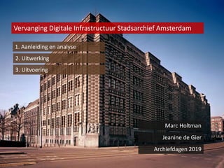 Vervanging Digitale Infrastructuur Stadsarchief Amsterdam
1. Aanleiding en analyse
2. Uitwerking
Marc Holtman
Jeanine de Gier
Archiefdagen 2019
3. Uitvoering
 
