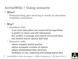 ArchiefWiki > Going semantic
 What?
 Semanticizing: give meaning to words by (machine-
readable) annotation
 Why?
 Sta...