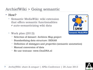 ArchiefWiki > Going semantic
 How?
 Semantic MediaWiki: wiki extension
that offers semantic functionalities
≠ auto-seman...