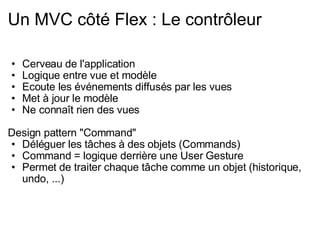Un MVC côté Flex : Le contrôleur Cerveau de l'application Logique entre vue et modèle Ecoute les événements diffusés par les vues Met à jour le modèle Ne connaît rien des vues Design pattern "Command" Déléguer les tâches à des objets (Commands) Command = logique derrière une User Gesture Permet de traiter chaque tâche comme un objet (historique, undo, ...) 