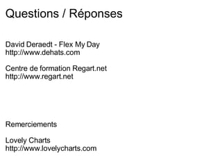 Questions / Réponses David Deraedt - Flex My Day http://www.dehats.com Centre de formation Regart.net http://www.regart.net Remerciements Lovely Charts http://www.lovelycharts.com 