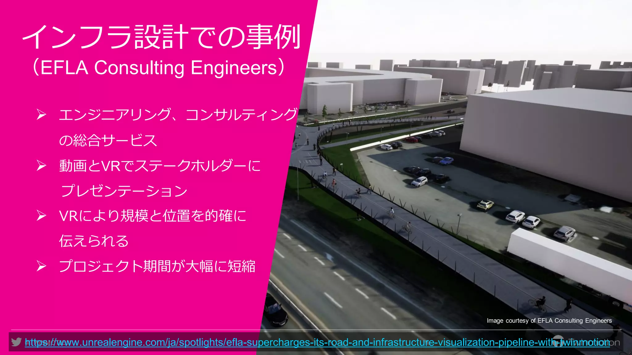 @TWINMOTION
インフラ設計での事例
（EFLA Consulting Engineers）
➢ エンジニアリング、コンサルティング
の総合サービス
➢ 動画とVRでステークホルダーに
プレゼンテーション
➢ VRにより規模と位置を的確に
伝えられる
➢ プロジェクト期間が大幅に短縮
Image courtesy of EFLA Consulting Engineers
https://www.unrealengine.com/ja/spotlights/efla-supercharges-its-road-and-infrastructure-visualization-pipeline-with-twinmotion
 