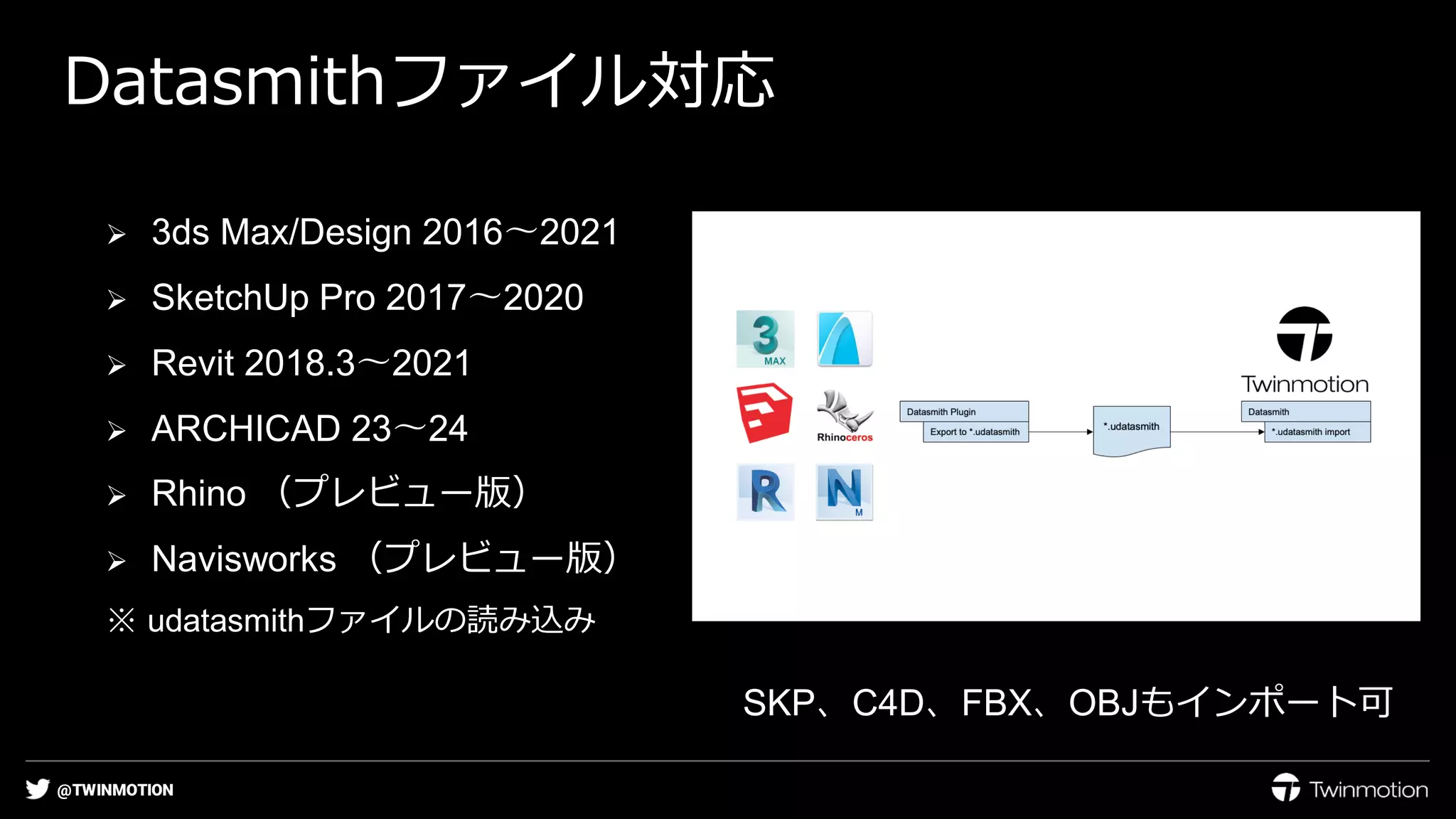 @TWINMOTION
➢ 3ds Max/Design 2016〜2021
➢ SketchUp Pro 2017〜2020
➢ Revit 2018.3〜2021
➢ ARCHICAD 23〜24
➢ Rhino （プレビュー版）
➢ Navisworks （プレビュー版）
※ udatasmithファイルの読み込み
Datasmithファイル対応
SKP、C4D、FBX、OBJもインポート可
 