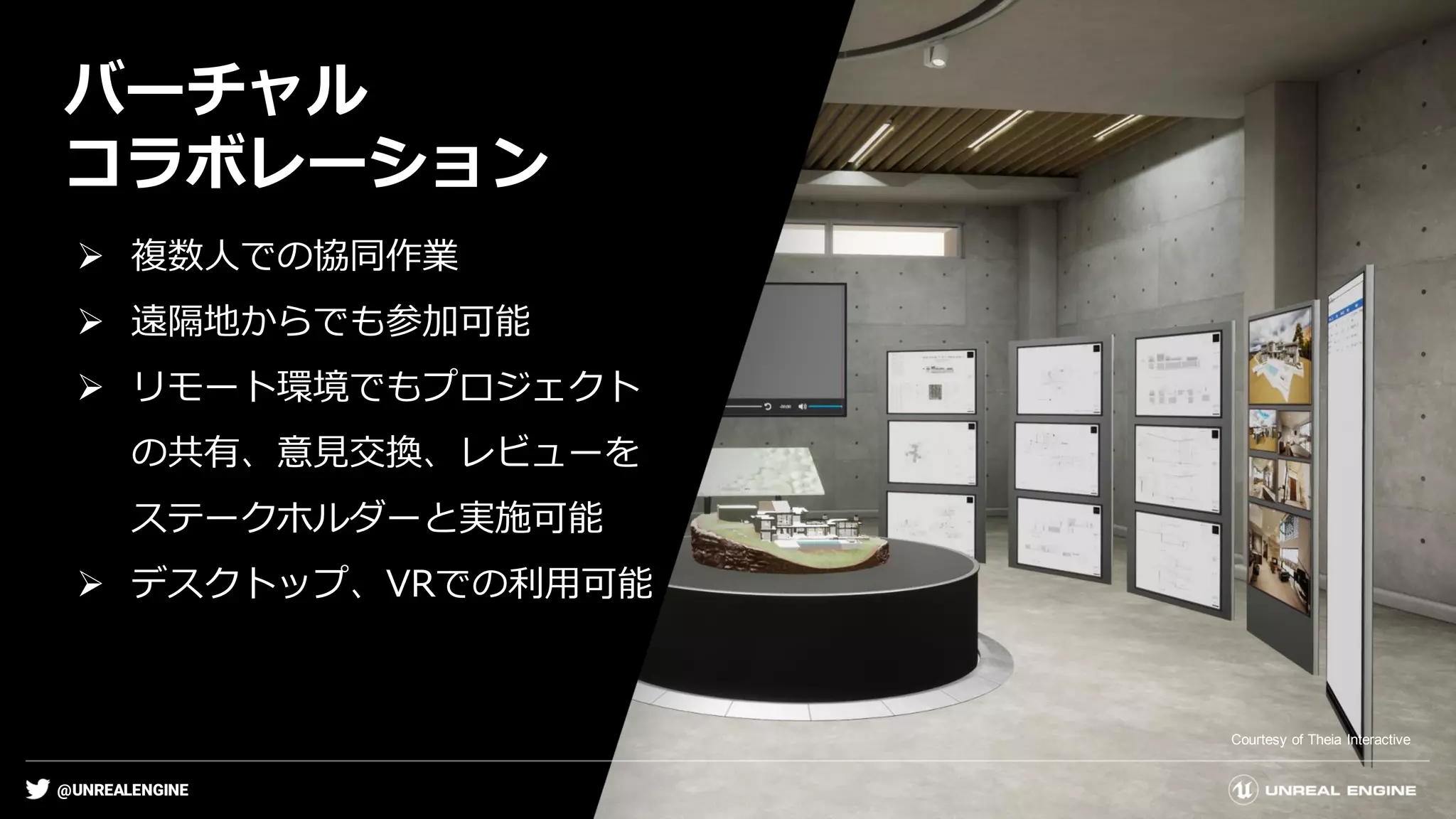 @UNREALENGINE
バーチャル
コラボレーション
Courtesy of Theia Interactive
➢ 複数人での協同作業
➢ 遠隔地からでも参加可能
➢ リモート環境でもプロジェクト
の共有、意見交換、レビューを
ステークホルダーと実施可能
➢ デスクトップ、VRでの利用可能
 