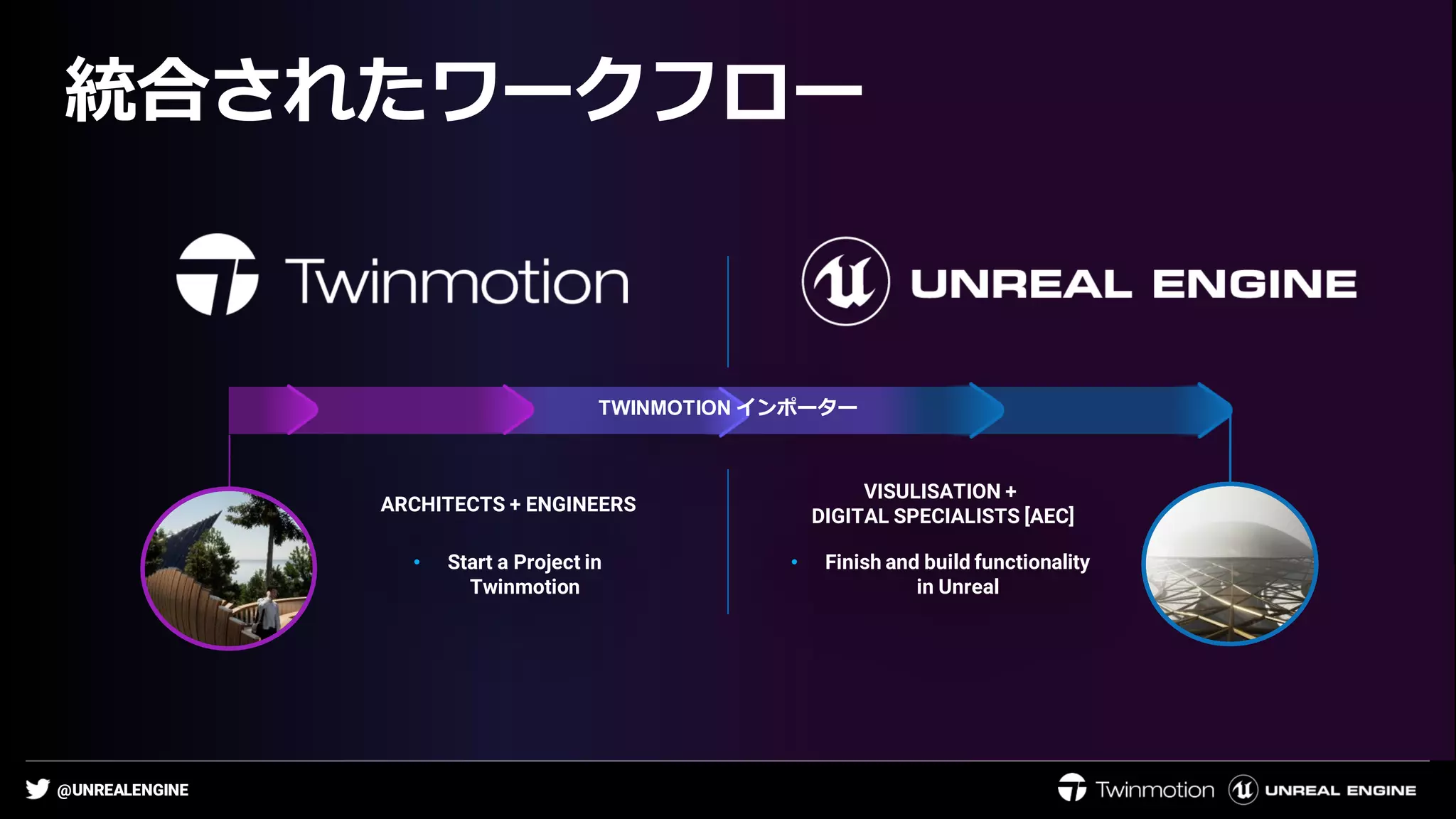 @UNREALENGINE
統合されたワークフロー
ARCHITECTS + ENGINEERS
VISULISATION +
DIGITAL SPECIALISTS [AEC]
• Start a Project in
Twinmotion
• Finish and build functionality
in Unreal
TWINMOTION インポーター
 