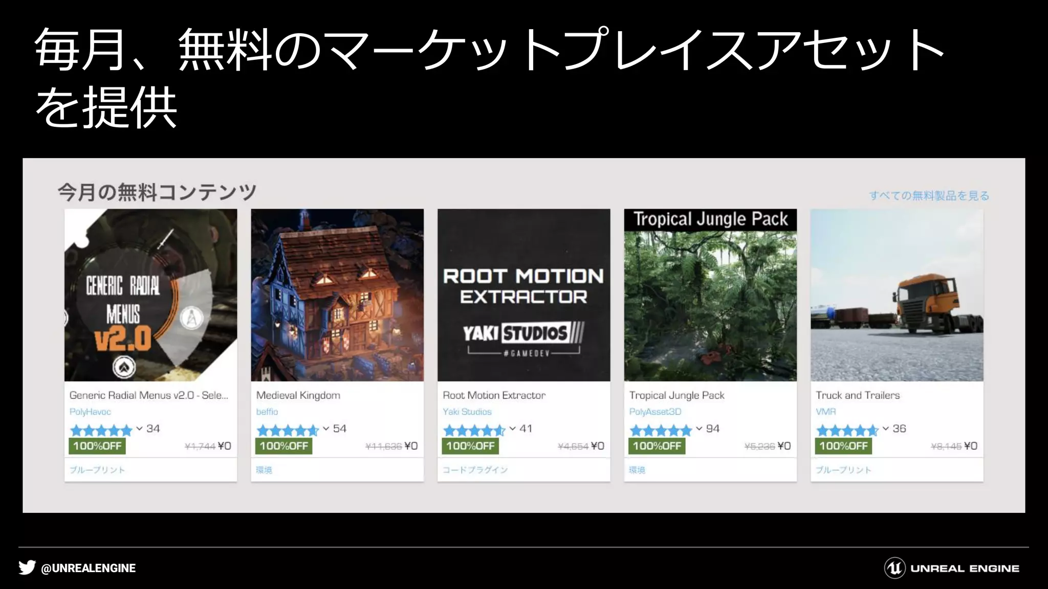 @UNREALENGINE
毎月、無料のマーケットプレイスアセット
を提供
 