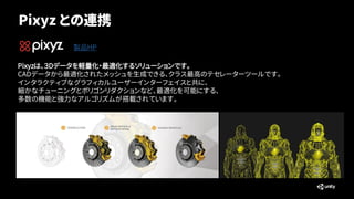 Pixyz との連携
Pixyzは、３Dデータを軽量化・最適化するソリューションです。
CADデータから最適化されたメッシュを生成できる、クラス最高のテセレーターツールです。
インタラクティブなグラフィカルユーザーインターフェイスと共に、
細かなチューニングとポリゴンリダクションなど、最適化を可能にする、
多数の機能と強力なアルゴリズムが搭載されています。
製品HP
 