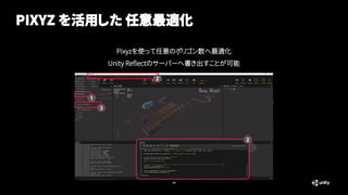 PIXYZ を活用した 任意最適化
1
2
2
3
Pixyzを使って任意のポリゴン数へ最適化
Unity Reflectのサーバーへ書き出すことが可能
34
 