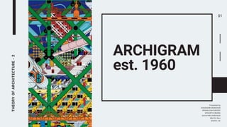 THEORY
OF
ARCHITECTURE
-
2
ARCHIGRAM
est. 1960
Presented by
SHASHANK MANOHAR
ROHAN CHATURVEDI
SPOORTHI RUDRA
GAYATHRI SHRIDHAR
SRUTHI RAJ
SHERYL SK


01
 