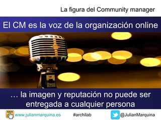 La figura del Community manager

¿Cuáles son
sus
funciones?

www.julianmarquina.es

#archilab

@JulianMarquina

 