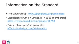 Information on the Standard
• The Open Group: www.opengroup.org/archimate
• Discussion forum on LinkedIn (>8000 members!):
https://www.linkedin.com/groups/50758
• Quick reference of all concepts:
offers.bizzdesign.com/archimate3
36
 