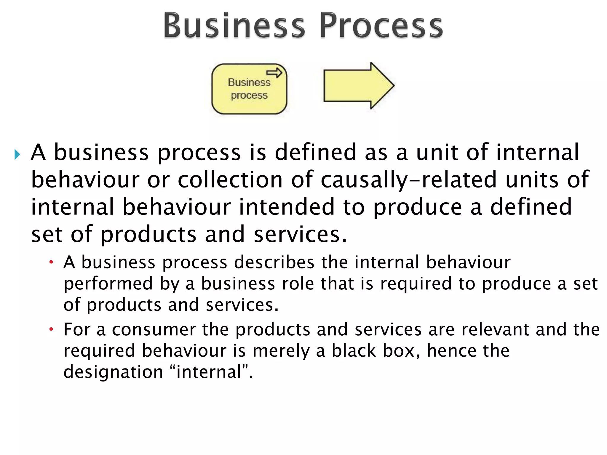    A business process is defined as a unit of internal
    behaviour or collection of causally-related units of
    internal behaviour intended to produce a defined
    set of products and services.
      A business process describes the internal behaviour
       performed by a business role that is required to produce a set
       of products and services.
      For a consumer the products and services are relevant and the
       required behaviour is merely a black box, hence the
       designation “internal”.
 