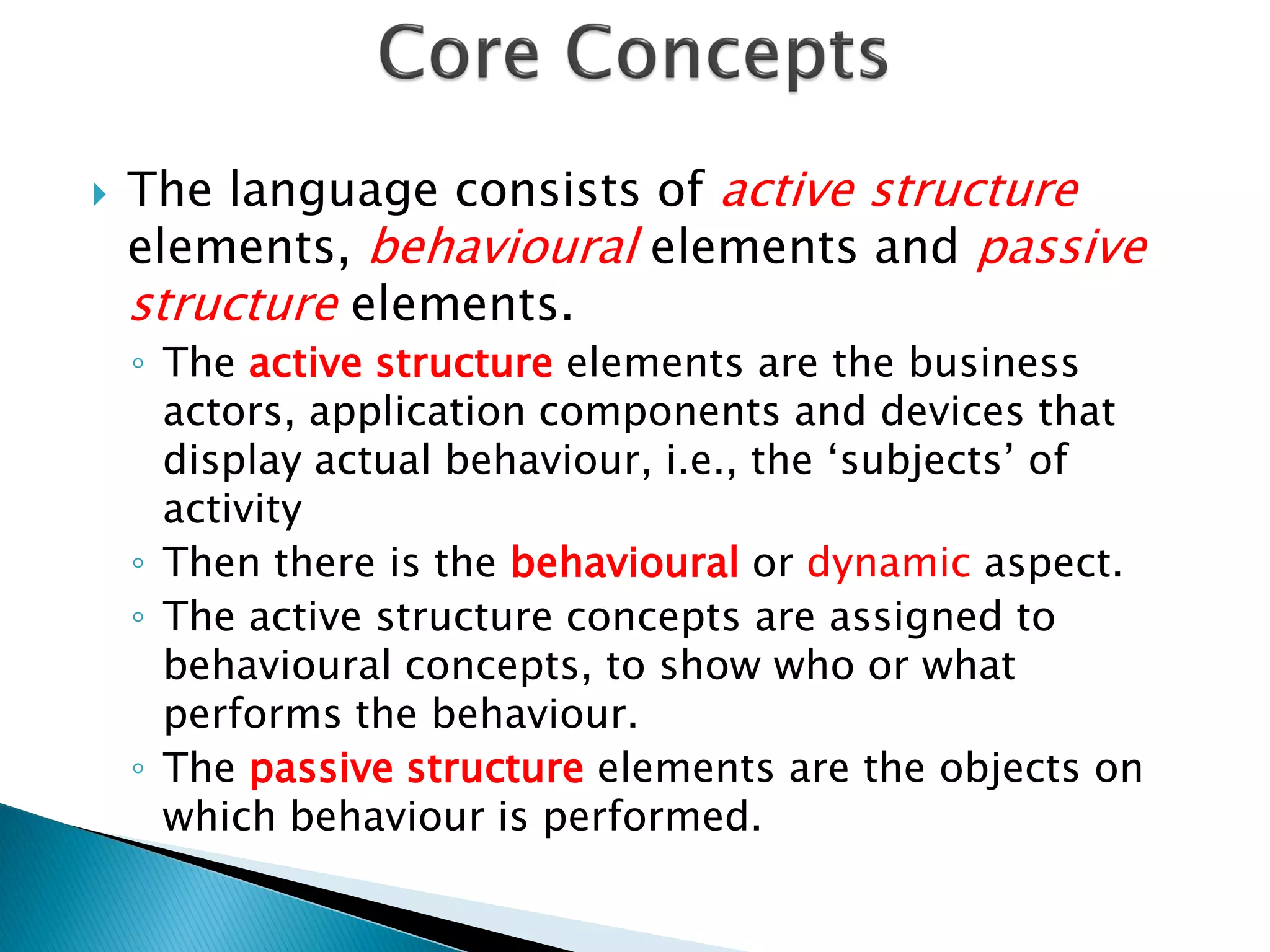    The language consists of active structure
    elements, behavioural elements and passive
    structure elements.
    ◦ The active structure elements are the business
      actors, application components and devices that
      display actual behaviour, i.e., the „subjects‟ of
      activity
    ◦ Then there is the behavioural or dynamic aspect.
    ◦ The active structure concepts are assigned to
      behavioural concepts, to show who or what
      performs the behaviour.
    ◦ The passive structure elements are the objects on
      which behaviour is performed.
 