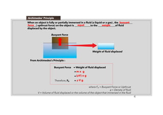 Archimedes’ Principle
When an object is fully or partially immersed in a fluid (a liquid or a gas) , the ___________
_______( upthrust force) on the object is _____________to the ______________of fluid
displaced by the object.
From Archimedes’s Principle :
Buoyant Force = Weight of fluid displaced
=
=
Therefore, FB =
where FB = Buoyant Force or Upthrust
ρ = Density of fluid
V = Volume of fluid displaced or the volume of the object that immersed in the fluid
4
Buoyant Force
Weight of fluid displaced
buoyant
equal weight
ρ V g
m x g
(ρV) x g
force
 