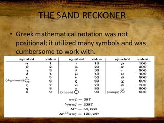 THE SAND RECKONER
• Greek mathematical notation was not
positional; it utilized many symbols and was
cumbersome to work with.
 