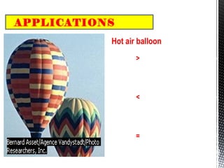 APPLICATIONS
Hot air balloon
1. rises upwards
(Upthrust > Weight of hot air (helium gas) +
weight of airship fabric + weight of gondola +
weight of passengers.)( balloon expand)
2..descends
(Upthrust < Weight of hot air (helium gas) +
weight of airship fabric + weight of gondola +
weight of passengers.)(balloon shrinks)
3. stationary
(Upthrust = Weight of hot air (helium gas) +
weight of airship fabric + weight of gondola +
weight of passengers.)( balloon size uncanged)
 